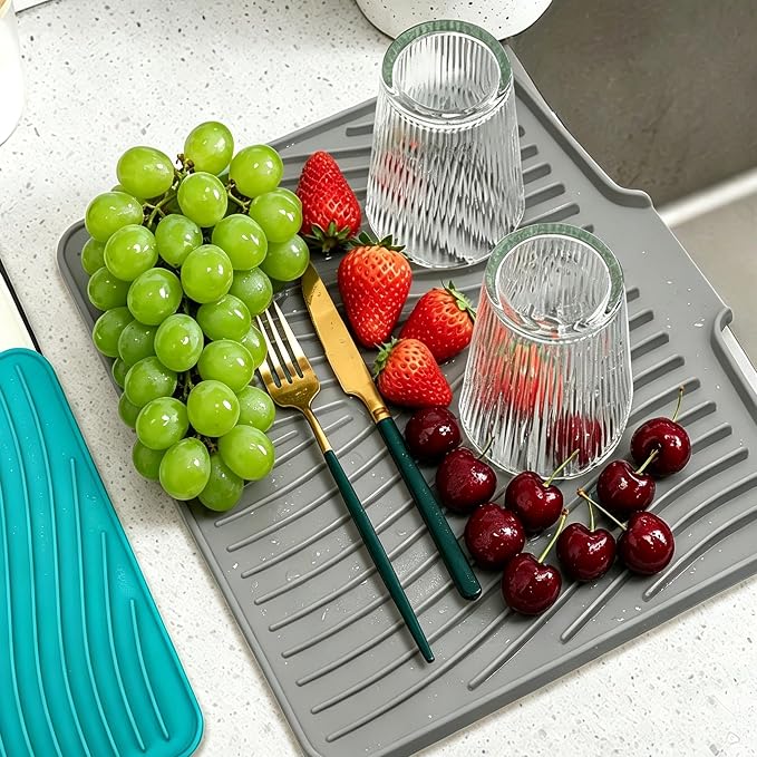 EBIGIC Silicone Dish Drying Mat,19.7"*17"Dish Drying Pad,Kitchen Accessories,with Built-In and Non-Slip Drain,Easy Clean, Fit for Kitchen, Bar, RV, Refrigerator and Drawer Liner, Grey