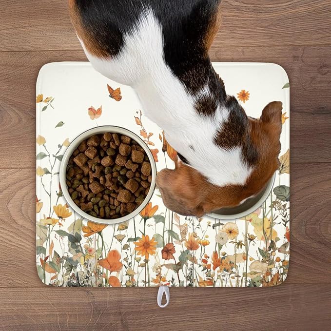 Fall Floral Dish Drying Mat for Kitchen Counter Orange Rustic Vintage Wildflower Pattern Microfiber Dish Drainer Mat Autumn Absorbent Washable Drying Pad Extra Large 16"x18"