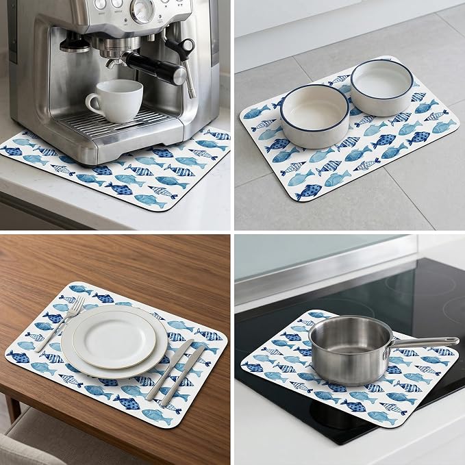 Blue Fish Dish Drying Mat for Kitchen Counter Sink, Summer Beach Absorbent Microfiber Drying Pad, Reversible Waterproof Countertop Mat for Kitchen Decor