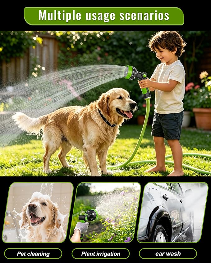 Hose Sprayer Nozzle Heavy Duty - 10 Spray Patterns Garden Hose Nozzle with Adjustable Flow Control for Watering Plants, Washing Cars,Washing Pets, Thumb Control (Green)