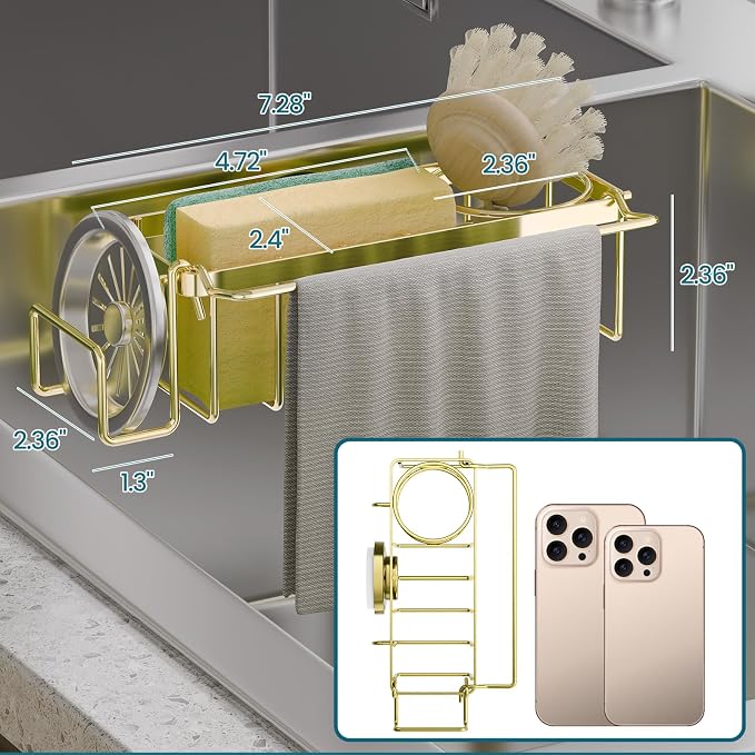 TAILI Sponge Holder with Strong Suction Cup, 4-in-1 Rustproof Sink Organizer - Sink Caddy Holds Sponges, Brushes, Stoppers & Scrapers -Gold