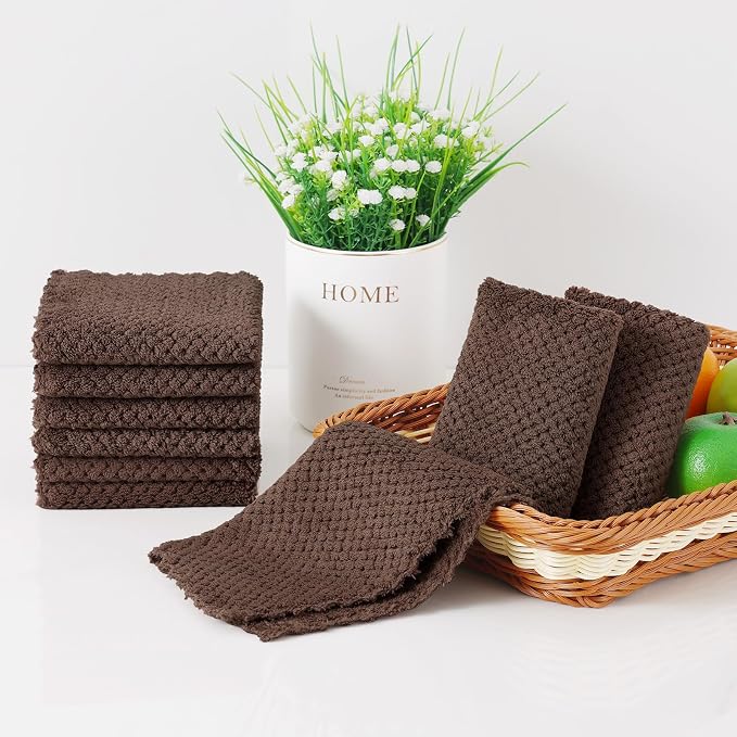Homaxy 12 Pack Kitchen Dish Cloths, Ultra Soft and Absorbent Dish Towels, Reusable Fast Drying Microfiber Cleaning Cloth, Coral Velvet No-lint Cleaning Rags, 10 x 10 inches, Brown