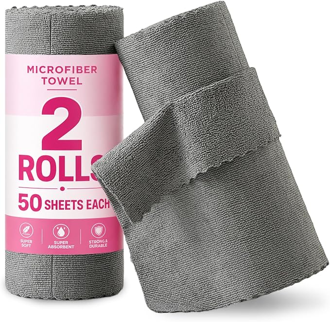 Jessy Home 2 Roll Reusable Paper Towels,100 Sheets Tear Away Microfiber Cleaning Cloth, Lint Free Cleaning Rags for Kitchen, Dishcloth,Household Cleaning Supplies