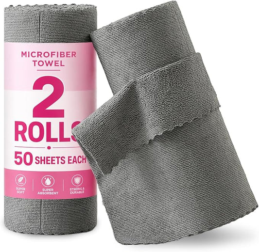 Jessy Home 2 Roll Reusable Paper Towels,100 Sheets Tear Away Microfiber Cleaning Cloth, Lint Free Cleaning Rags for Kitchen, Dishcloth,Household Cleaning Supplies