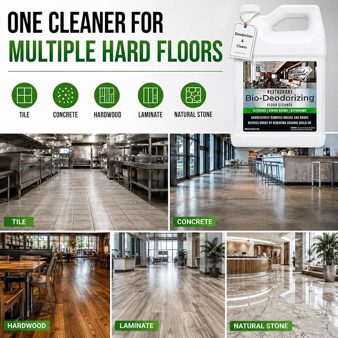 Restaurant Bio-Deodorizing Floor Cleaner - Heavy Duty Commercial Concentrated Enzyme Degreaser and Odor Eliminator for Mopping Tile, Laminate, Hardwood & More
