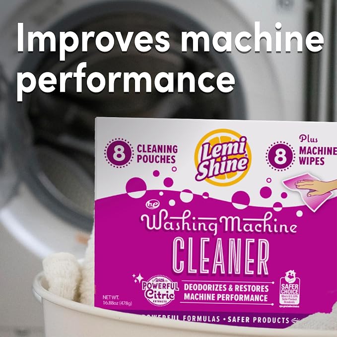 Lemi Shine Washing Machine Cleaner Plus Machine Wipes - 16.88 oz (8 Pack) | Hard Water Citric Acid Cleaning Powder - Includes Machine Cleaning Wipes