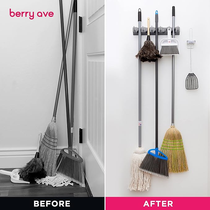 Berry Ave Broom Holder & Wall Mount Garden Tool Organizer- Kitchen, Closet, Garage & Laundry Room Storage With 5 Slots And 6 Hooks- Wall Holder For Broom, Rake & Mop Handles Up To 1.25” [Gray, 2 Pack]