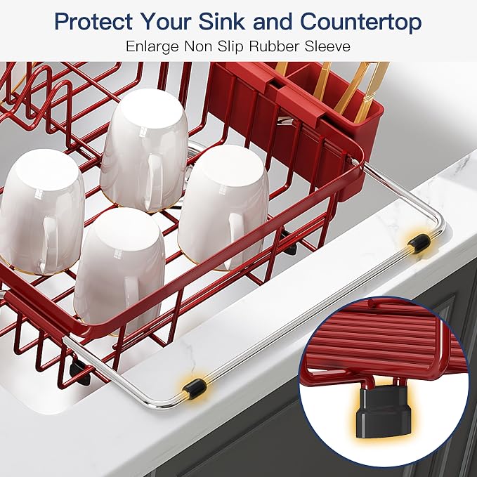 JASIWAY Expandable Stainless Steel Red Dish Drying Rack Over The Sink for Small Kitchen, Counter Space Saving Compact Plate Drainer Strainer, Adjustable Hanging Metal Dish Dryer with Utensil Holder