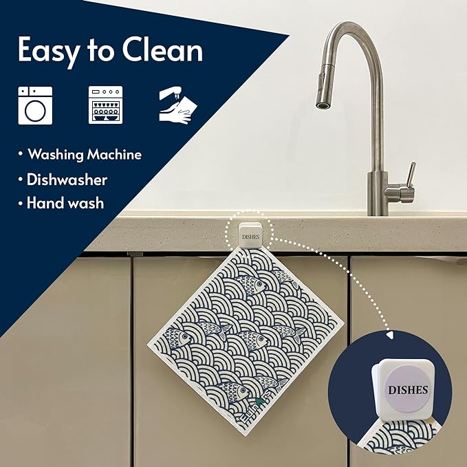 Eulnars Swedish Dishcloths for Kitchen, 8 Pack Japanese Pattern Reusable Paper Towels with Clips, Non-Scratch Swedish Dish Towels, Super Absorbent Cellulose Dish Cloths, No Odor