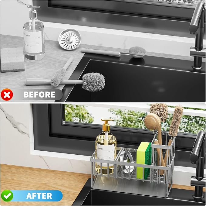 Cisily Sink Caddy Organzier with High Brush Holder, Sponge Holder for Sink, 304 Rustproof Stainless, Kitchen Countertop Soap Dispenser Organizer, Gray Kitchen Decor and Accessories