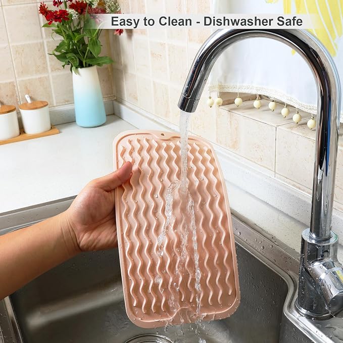 ZLR Silicone Sink Caddy Tray (6" x 12" / 153 x 305mm) - Narrow Sponge Holder for Kitchen Counter - Waterproof Dish Drying Mat, Non-Slip Soap Dispenser Mat & Bathroom Vanity Organizer (Peach Pink)