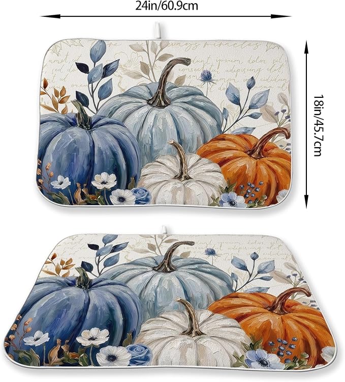 Fall Checkered Dish Drying Mats 18x24 Inch White Orange Blue Pumpkin Drying Mats Holiday Thanksgiving Autumn Outdoor Dish Drying Pad Dish Rack Drainer Mats for Kitchen Dining Room Counter Decor
