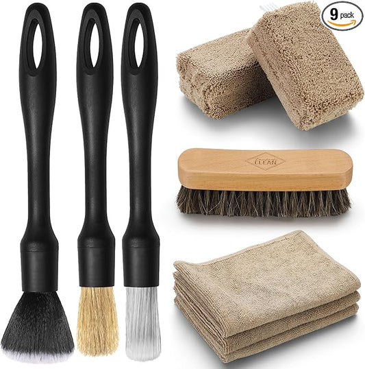 Fantasticlean Car Detailing Brush Set, Interior Leather Cleaning Kit, 9PCS | Car Interior Brush Kit, Horse Hair Leather Brush for Car Detailing, Scratch-Free Leather Cleaner Applicator, Cleaning Cloth
