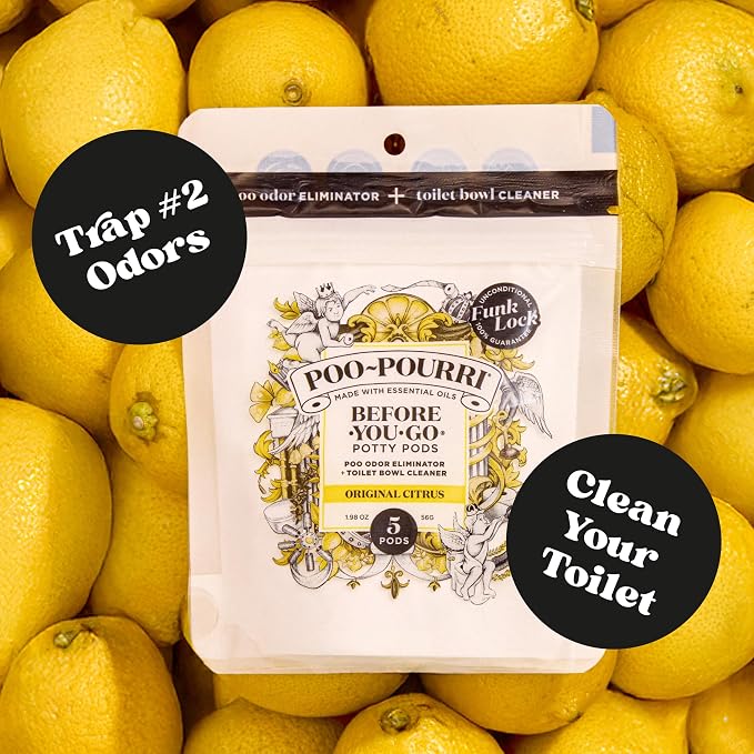 Poo-Pourri Before-You-Go 2-in-1 Toilet Potty Pods, Original Citrus, 5 Ct, Bathroom Odor Deodorizer and Toilet Cleaner with Essential Oils, Lemon, Bergamot and Lemongrass Scent (Pack of 4)