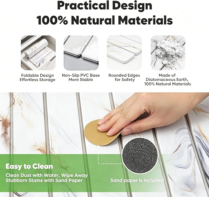 Stone Drying Mat for Kitchen Counter, Quick Diatomaceous Earth Mats for Dishes, 24"L x 16" W Super Absorbent Fast-Drying Collapsible Countertop Stone Mat (Marble White-05, 24" x 16")