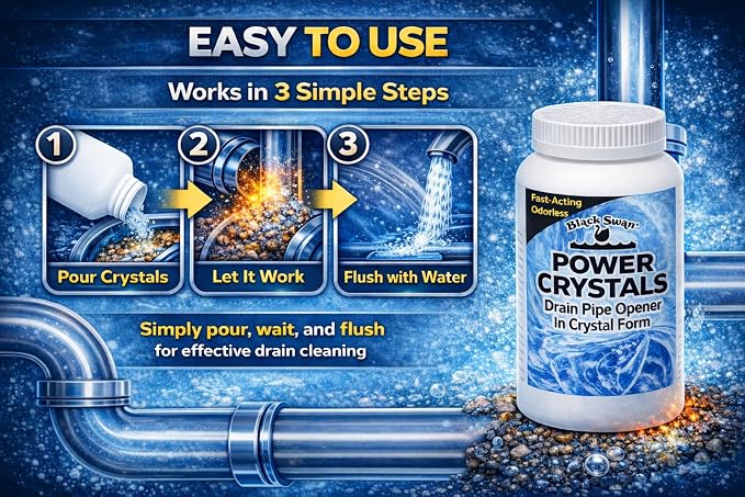 Black Swan 09177 Power Crystals Drain Opener, 2 lbs (32 oz) - Heavy Duty Crystal Formula for Cleaning Clogged Drain Pipes Due to Grease, Food Scraps - Safe for Plumbing & Septic Systems