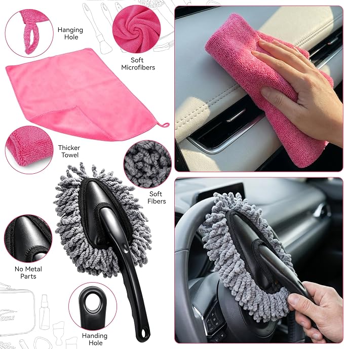 Car Interior & Glass Cleaning Kit, 16Pcs Car Detailing Kit | Car Duster Brushes & Detailing Supplies, Interior Car Cleaner with Windshield Cleaner Tool, Vent Brush & Microfiber Towel