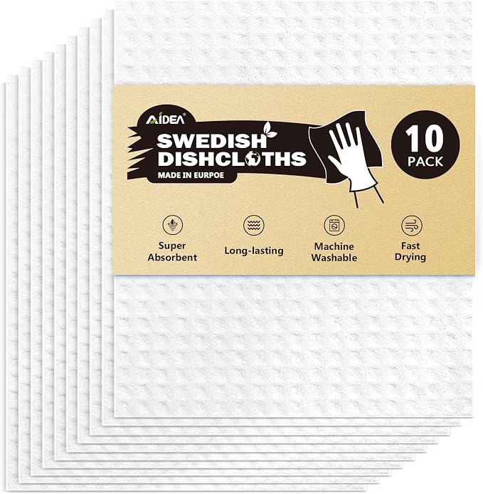 AIDEA Swedish Dishcloths for Kitchen, 10PK, Reusable Paper Towels, 7" x 6" | Absorbent Sponge Dish Cloth, Dishcloths for Washing Dishes, Swedish Towels for Home, Kitchen, Glass, White