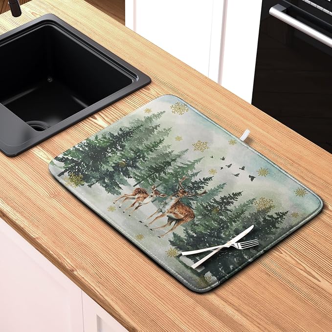 Reindeer Tree Snowflakes Christmas Dish Drying Mats for Kitchen Counter 18x24 Inch Winter Forest Dish Drainer Mats Absorbent Reversible Dish Draining Microfiber Dishes Drying Pad
