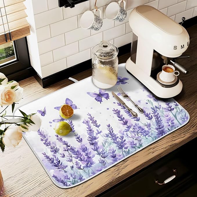 Purple Lavender Spring Summer Flower Floral Dish Drying Mat for Kitchen Counter Absorbent Microfiber Large Drying Pad Dish Mats for Kitchen Countertops 18 x 24 Inch