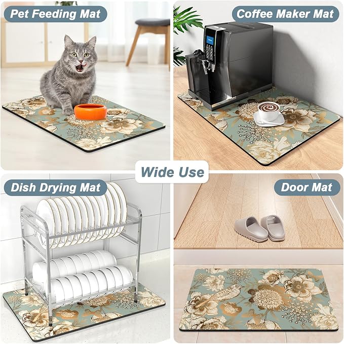 Rnivvi Coffee Mat, 12" x 19" Cute Coffee Bar Mats for Espresso Machine Station Accessories and Organizer, Hide Stain Rubber Backed Absorbent Dish Drying Pad for Kitchen Counter, Retro Flower