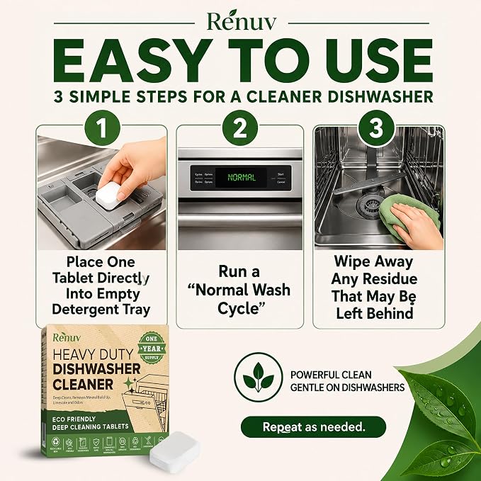 Renuv® Heavy Duty Dishwasher Cleaner & Deodorizer, Descaler, 12 XL Tablets | Deep Cleaning, Natural Odor & Smell Remover, Calcium, Limescale, Hard Water Marks, Grease Remover, Septic Safe