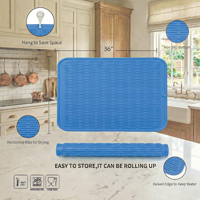 MicoYang Silicone Dish Drying Mat for Multiple Usage,Easy clean,Eco-friendly,Heat-resistant Silicone Mat for Kitchen Counter or Sink,Refrigerator or Drawer Liner Lichen BlueL 5XL 36inches x 18inches