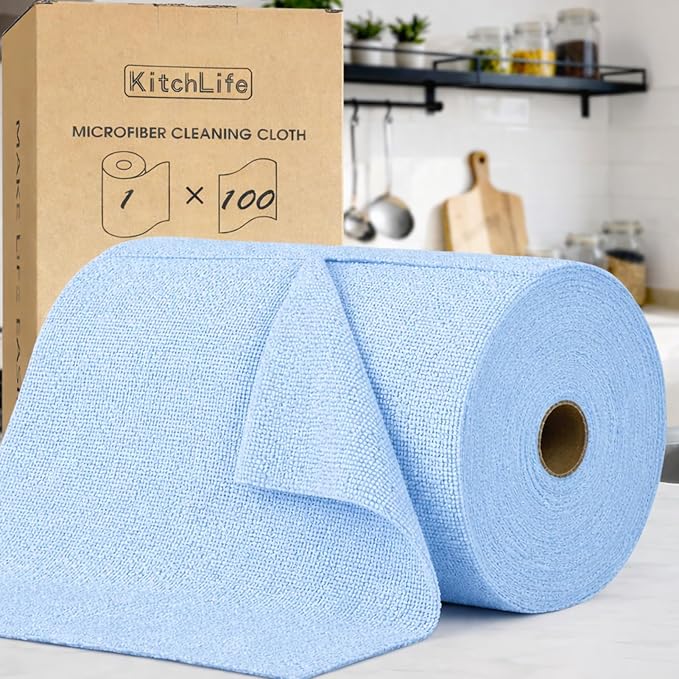 KitchLife Microfiber Cleaning Cloth Roll, 100 Pack - Tear-Away Microfiber Paper Towels, Lint-Free, Reusable, Washable for Kitchen, Car, Dishes, and Sensitive Surfaces (Blue)