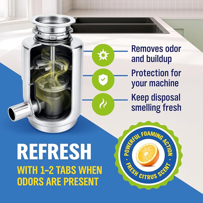 WoldoClean Garbage Disposal Cleaner Tablets 24 Pack - Citrus Deodorizer | Foaming sink drain freshener tabs, kitchen smell eliminator, odor remover