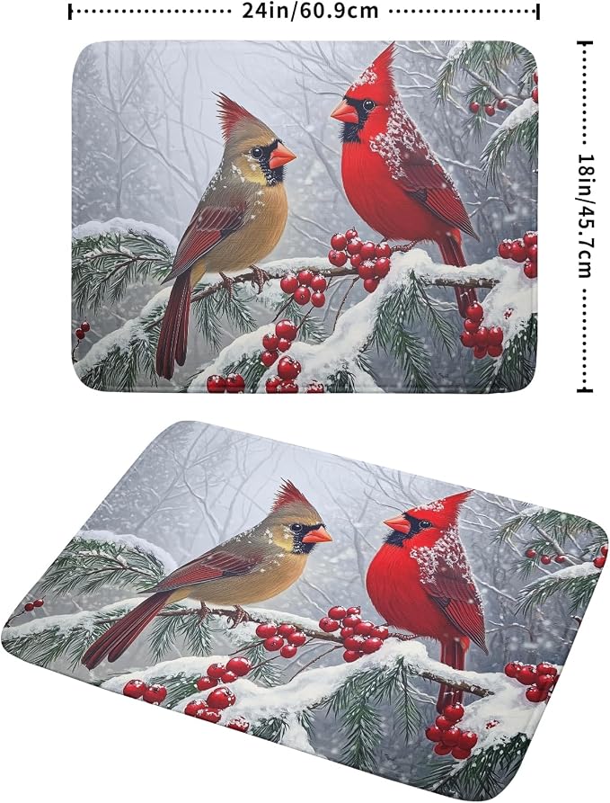 Winter Christmas Dish Drying Mat for Kitchen Counter 18 x 24 Inches Red Birds Absorbent Reversible Microfiber Mats for Berry Dish Rack Pad Drainer Mat for Coffee Bar Decor
