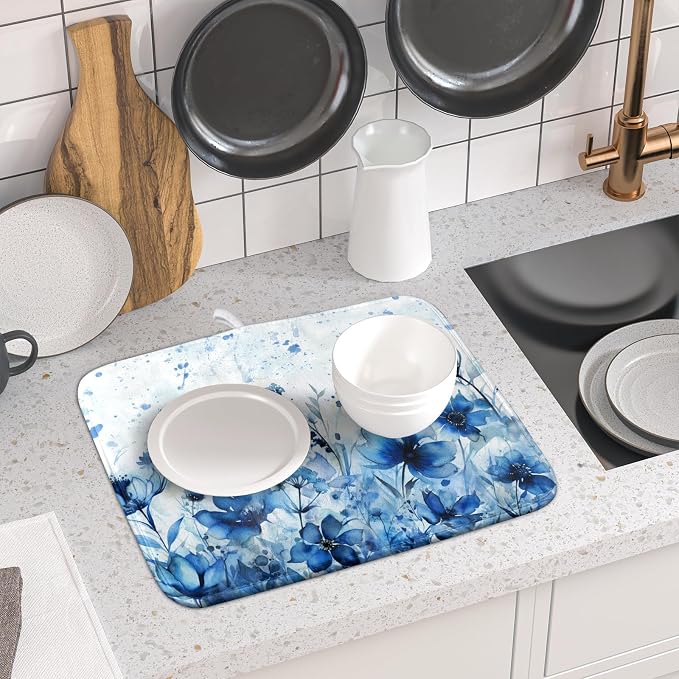 Giwawa Blue Floral Dish Drying Mat for Kitchen Counter Watercolor Leaves Dishes Drainer Rack Mat Absorbent Microfiber Dish Draining Pad 16x18 Inch