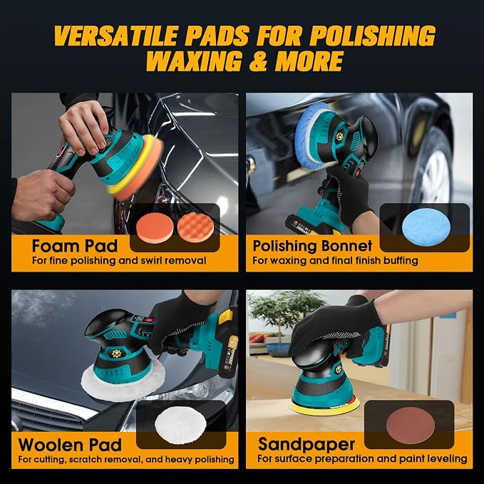 Cordless Car Buffer Polisher kit, DA Polisher with 2*21V Batteries | 2x 21V 2000mAh Batteries, 6-speed, LED Display, Random Orbital, 18 pcs Assorted Polishing Pads for Car Detailing-Blue
