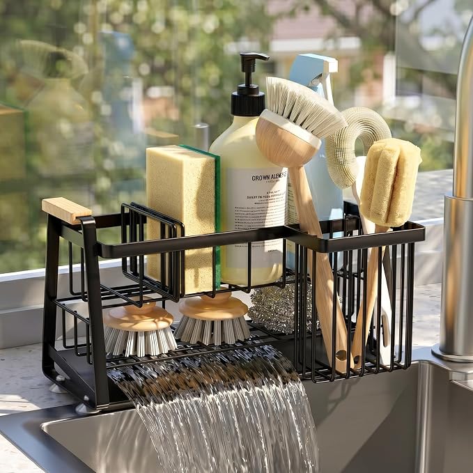 Housolution Sink Caddy Organizer, 2-Tier Sponge Holder for Kitchen Sink with Flexible High Brush Holder, Kitchen Countertop Storage Accessories, Soap Dispenser Organizer, Rustproof