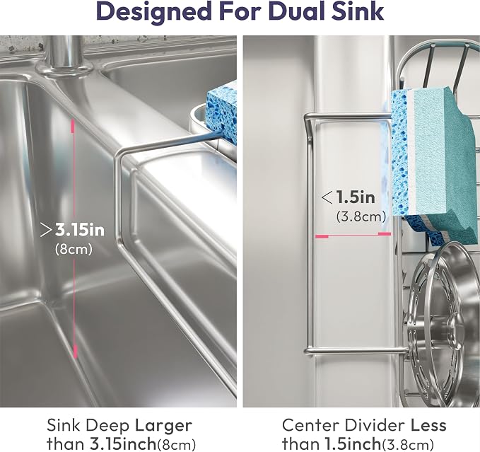 SWTYMIKI Sponge Holder for Kitchen Sink, Movable Kitchen Sink Caddy with Compact Size Rustproof and Waterproof Hanging Sponge Caddy for Double Bowl Sinks, Silver
