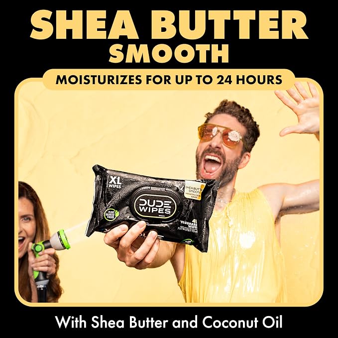 DUDE Wipes Shea BUTTer Adult Flushable Wet Wipes, Moisturizing, 144 Count | 3 packs of 48 extra large flushable butt wipes. Plastic-free wipes, 99% water, coconut oil, vitamin E and aloe. Septic safe.
