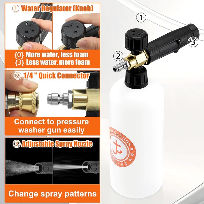 JOEJET Pressure Washer Gun and Foam Cannon Kit, M22-14mm | 1/4" Quick Connect Dual Wand with 1 L Bottle and 5 Nozzle Tips, Not for Garden Hose or Faucet