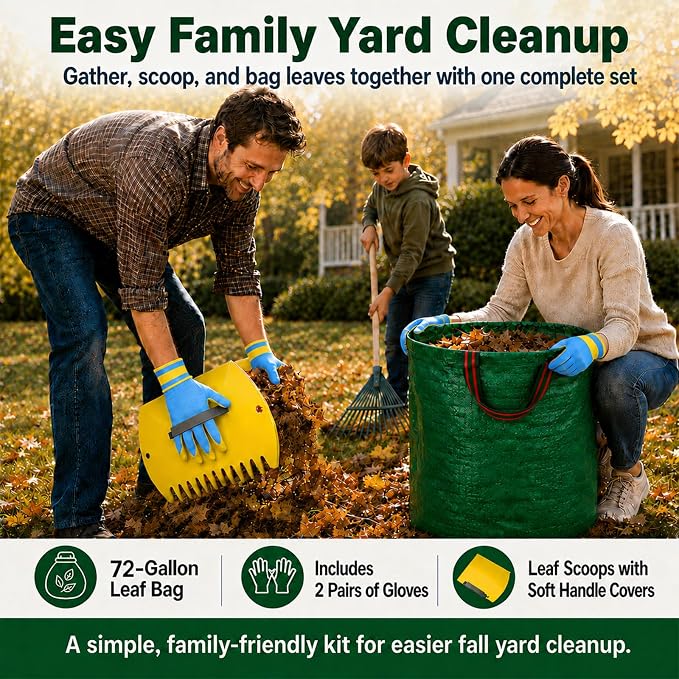 Leaf Scoops Hand Rakes, Leaf Claws & Leaf Grabbers for Yard Work with 72-Gallon Reusable Leaf Bag, 2 Pairs Adult Garden Gloves & Soft Handle Covers, Yard Cleanup Kit for Leaves
