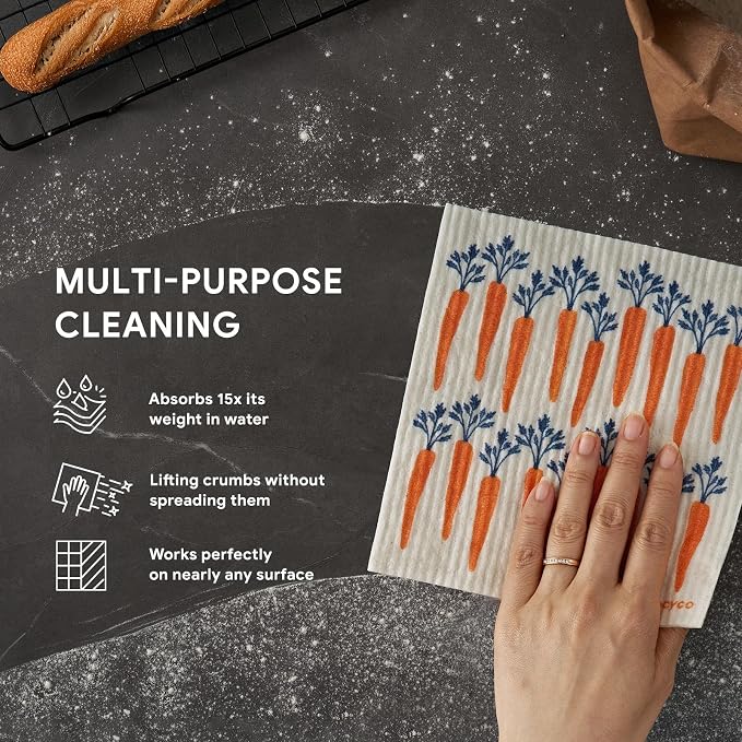 RECYCO Swedish Dishcloths for Kitchen | 6 Packs Veggie Melody Washable Dish Rags | Cellulose Reusable Cleaning Paper Towels | Absorbent Counter Dish Cloth Sponge Kitchen Wipes, 8" L x 7" W
