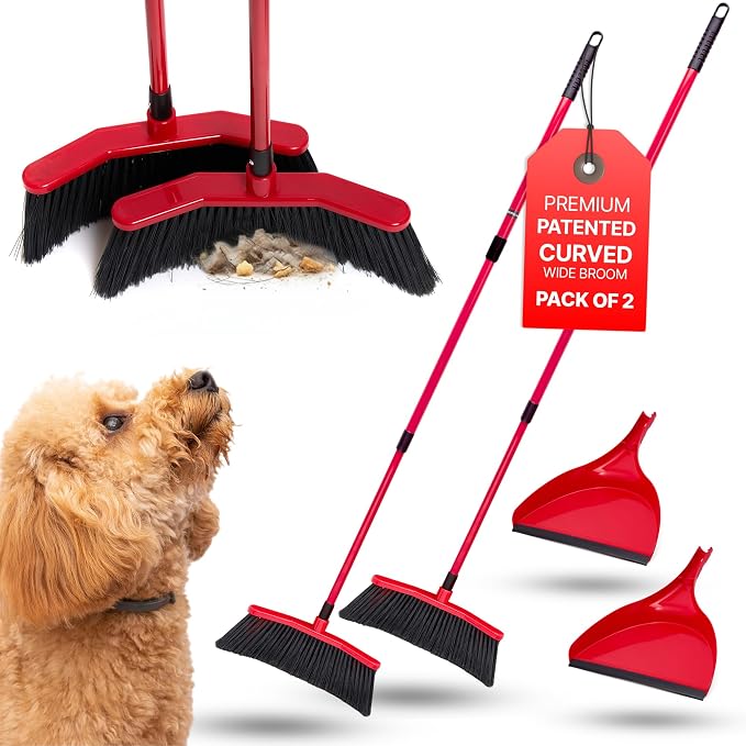 with Dustpan Combo Set, 16-Inch Curved Head, Pack of 2 | 52" adjustable telescopic handle, soft PVC bristles, indoor outdoor kitchen sweep, clears pet hair, dust, debris