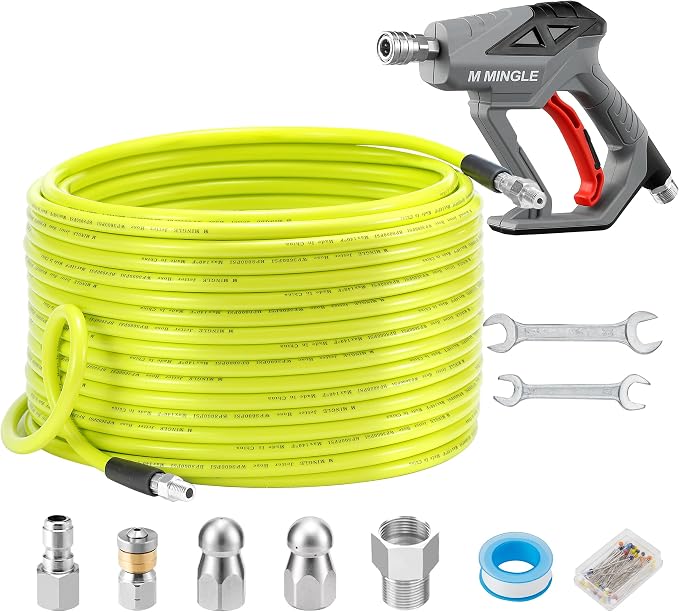M MINGLE Sewer Jetter Kit for Pressure Washer 200 FT | Drain Cleaner Hose with Power Washer Gun, 1/4 Inch NPT Corner Rotating and Button Nose Sewer Jetting Nozzle, Orifice 4.0, 4.5