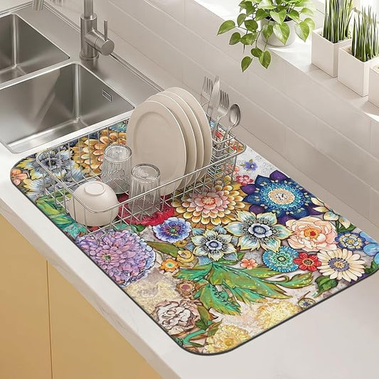 Kitchen Countertop Dish Drying Mat,Super Absorbent Coffee Bar Mat for Maker Espresso Machine, Anti-Slip Accessories for Kitchen Countertops 19x12 Inch