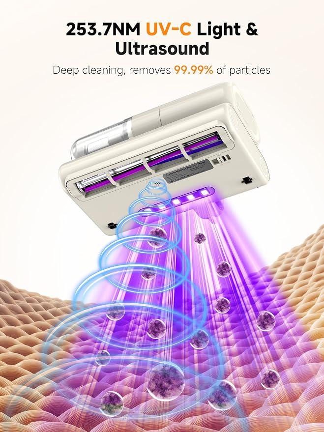 FEPPO Cordless Mattress Vacuum Cleaner, 18Kpa Bed Vacuum with 253.7nm UV-C Light, Ultrasonic, Dust Sensor & LED Display, 52800 BPM Handheld Vacuums for Bed, Sofa, Couch, Crib