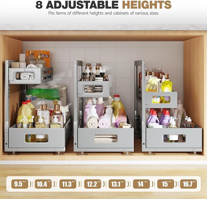 2 Pack 19IN-Depth Under Sink Organizer,Pull Out Cabinet Organizer With Smooth Cylindrical Rail,Metal Slide Out Drawer for Kitchen Bathroom Laundry,8-Level Tool Free Height Adjustable-Gun Gray