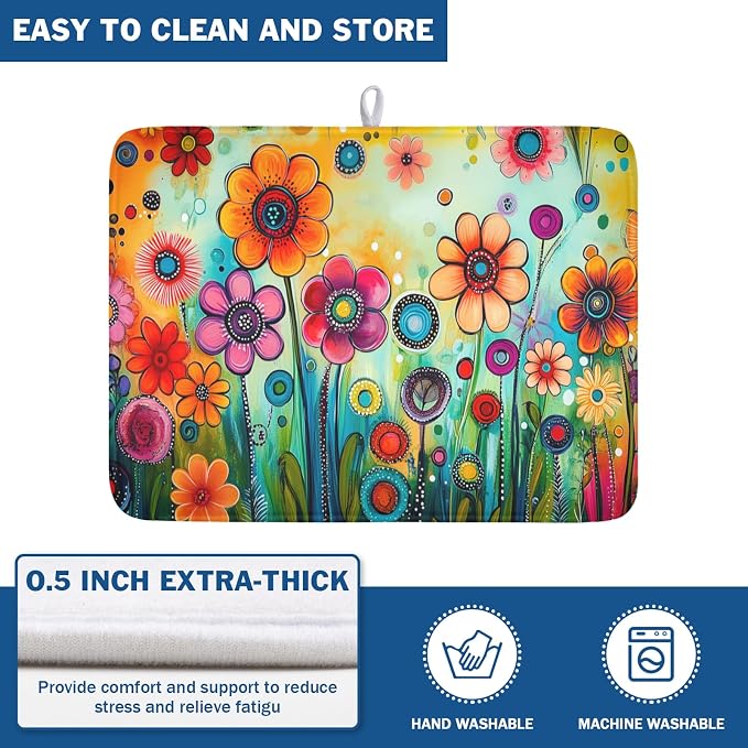 Abstract Colorful Floral Dish Drying Mat for Kitchen Counter Spring Summer Flower Microfiber Dish Drainer Mat Rustic Absorbent Washable Drying Pad Extra Large 18"x24"