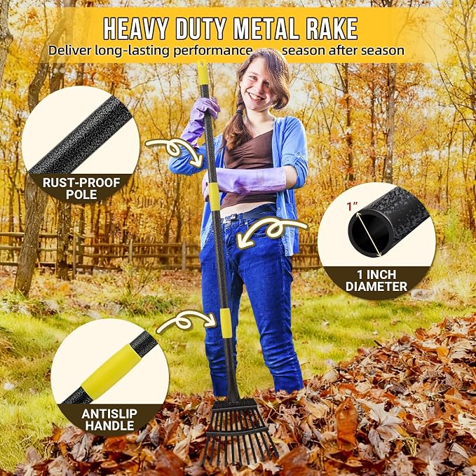 Leaf Rake, Small Rake for Leaves with 30"-60" Adjustable Long Handle, 11 Tines 8.5" Wide, Metal Rakes Heavy Duty for Lawns, Gardening, Yard, Camping, Shrub, Grass, Bush, Weed, Debris