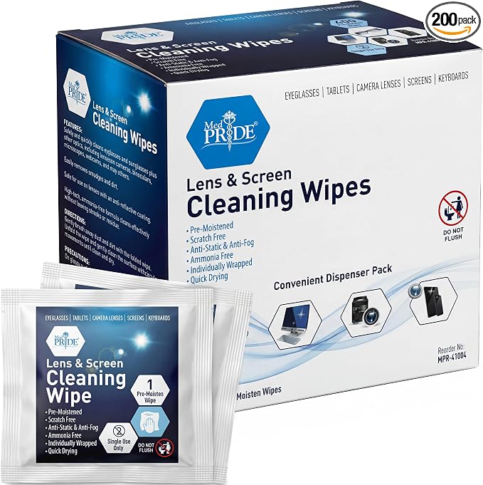 MED PRIDE Anti-Fog Lens and Screen Cleaning Wipes for Eyeglasses, Touch Screens, Premoistened, Anti-Static, Quick-Dry (200 200 Count (Pack of 1))