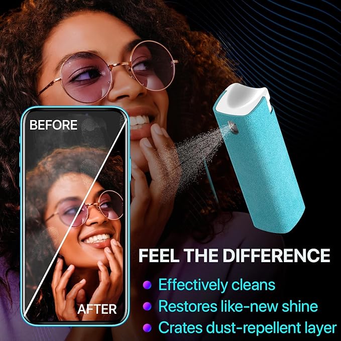 IO CLEAN Mini Screen Cleaner Spray – Finger Proof Screen Cleaner for | Smartphones, iPads, MacBooks, Laptops, Car Screens, Touchscreens – 3in1 Mist Cleaner, Microfiber Cloth and Cover -Yellow