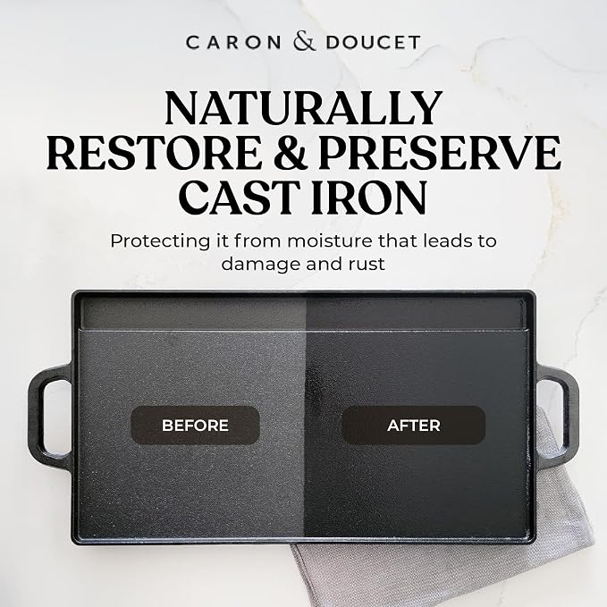 CARON & DOUCET - Cast Iron Cleaning & Conditioning Set PLUS: Seasoning Oil & Cleaning Soap | 100% Plant-Based | Best for Washing, Restoring & Seasoning Cast Iron Skillets, Pans & Grills - 16oz Each