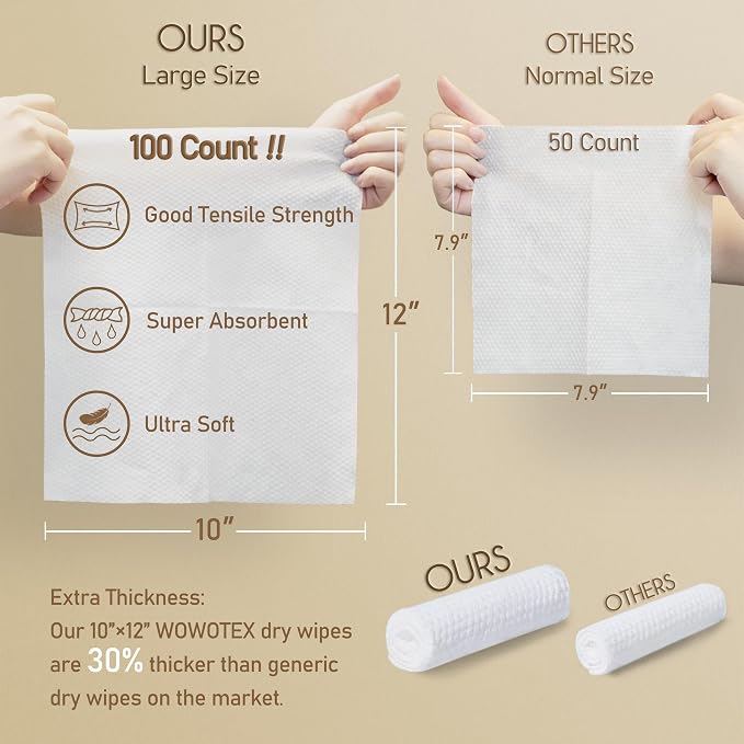 WOWOTEX Luxe Bamboo Towel Container (Bamboo Box Towel Holder) with Disposable Face Towels Biodegradable Large Dry Wipes 100 Count Extra Thick Soft Clean Facial Towels for Facial Cleansing