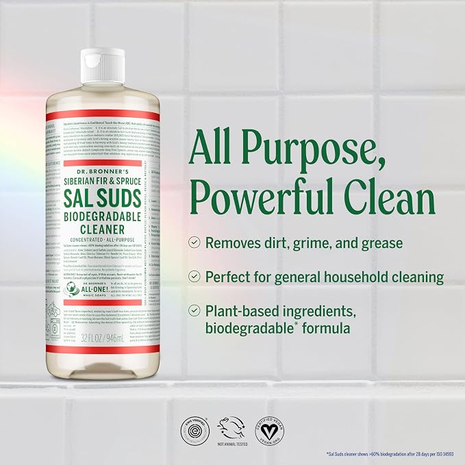Dr. Bronner's Sal Suds Biodegradable Cleaner (16 oz) – All Purpose Pine Mop Detergent for Floors, Laundry & Dishes, Multi Surface Concentrate, Heavy-Duty Degreaser